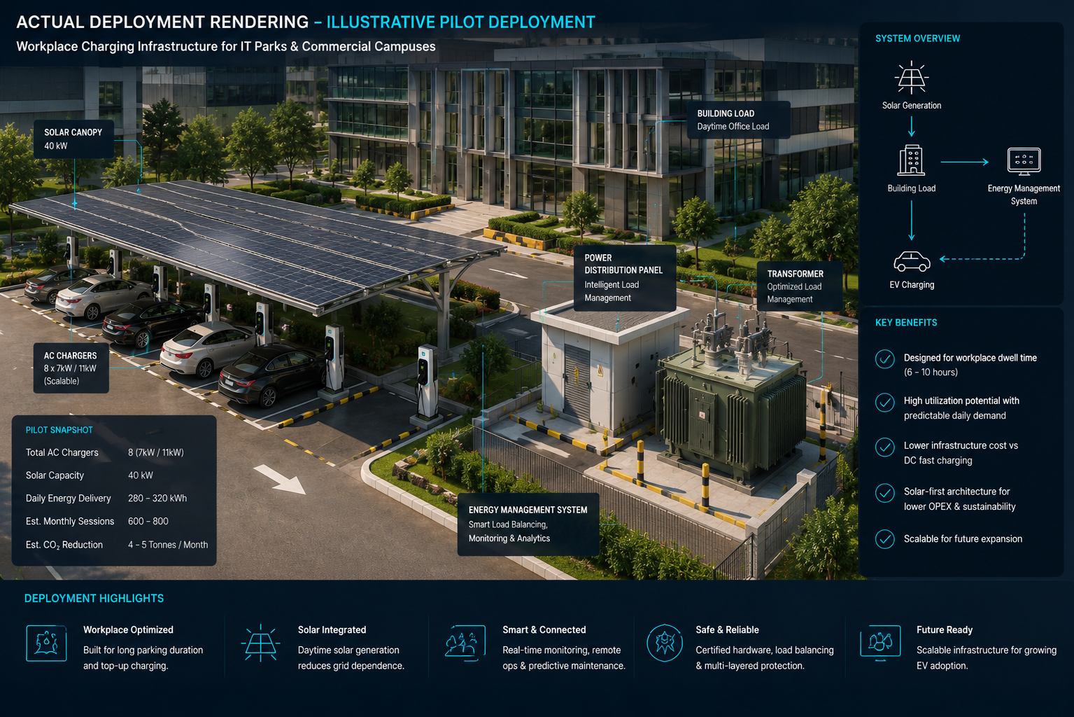 Illustrative pilot deployment rendering — solar canopy, 8 AC chargers, power distribution panel, transformer, energy management system, building load and EV charging interconnect for an IT park campus