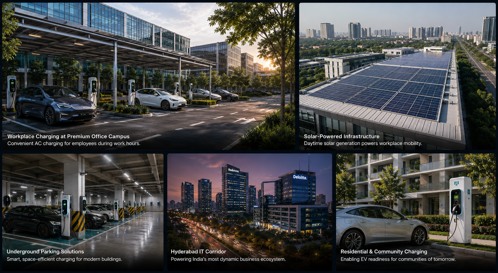 7W Energy workplace charging infrastructure — office campus charging, rooftop solar, commercial parking, smart infrastructure, and Hyderabad's IT corridor